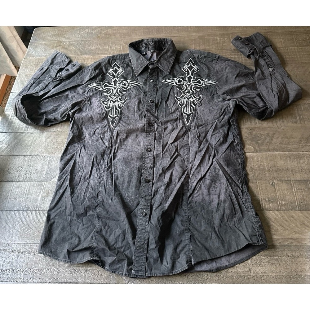 VTG Roar Men's Dark Gray Wash Button Down Long Sleeve Shirt Size XL